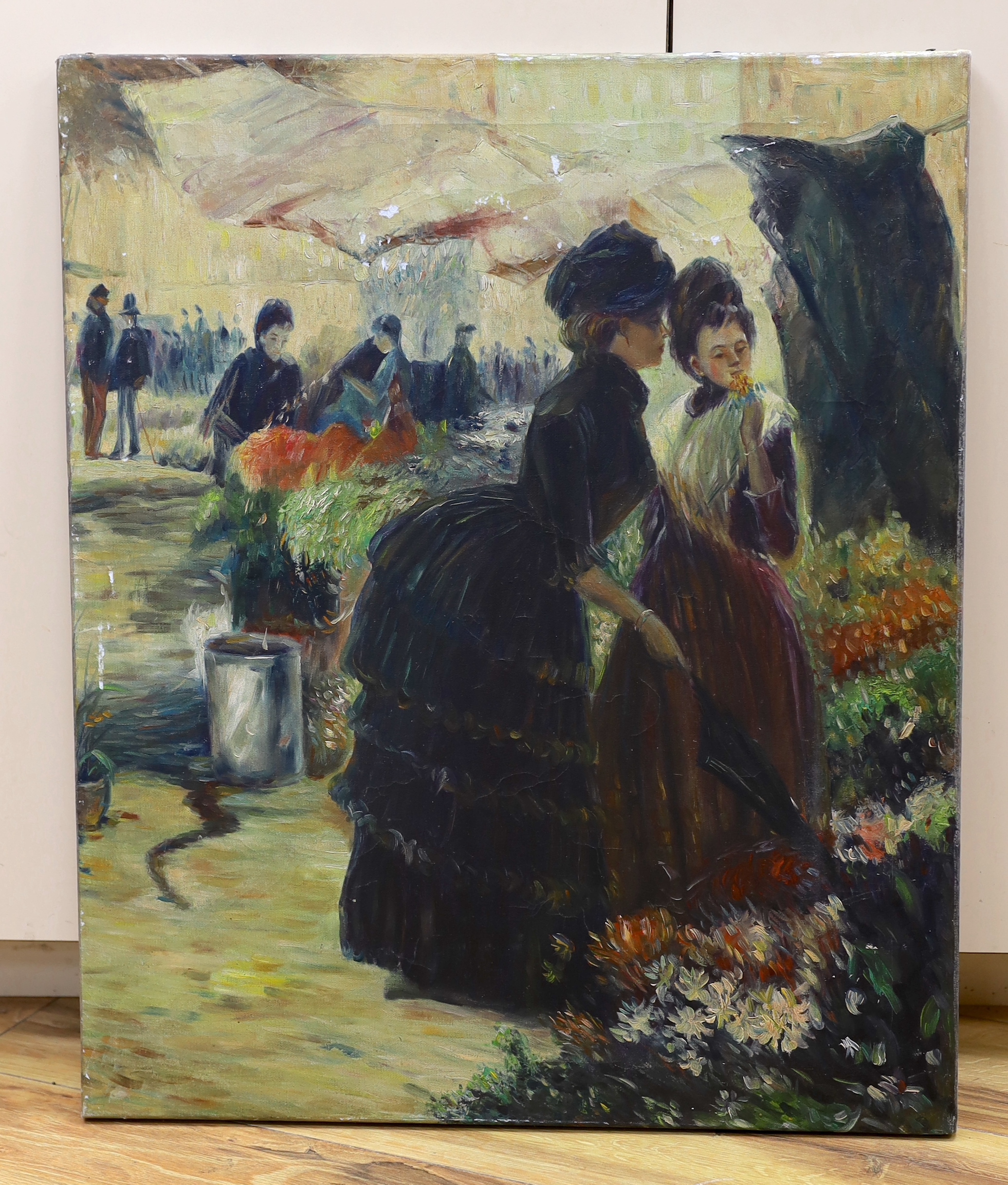 Impressionist oil on canvas, Women at a flower market, 60 x 50cm, unframed